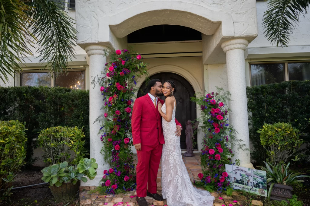 A couple exchanging vows in the Mediterranean-style villa at Bonita Ranch, a premier wedding and event venue in Brevard County, Florida.